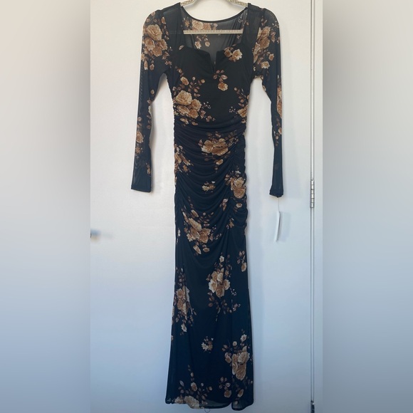 BCX Black and Brown Floral Print Ruched Bodycon Dress - Picture 1 of 6